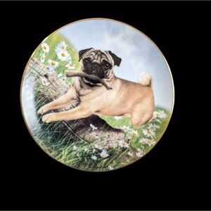 Danbury Mint Pug In Play - No Box Pugs collection 8" Daisies floral Simon Mendez